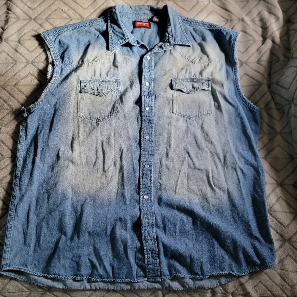 Wrangler Hero Pearl Snap Denim Cutoff Button Up Eagle American Flag Print 2XL